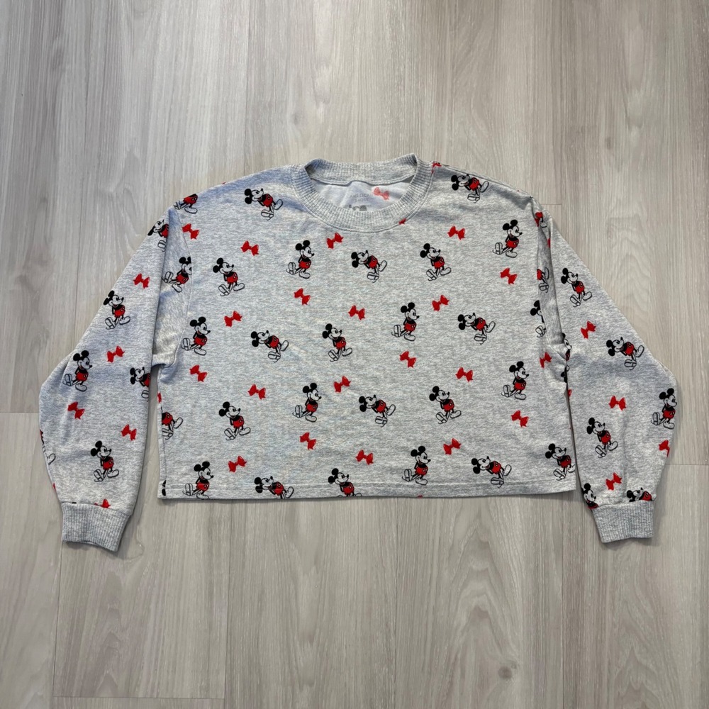 American Eagle Disney Sweatshirt Mickey Mouse Cropped Gray Bows All Over Print L